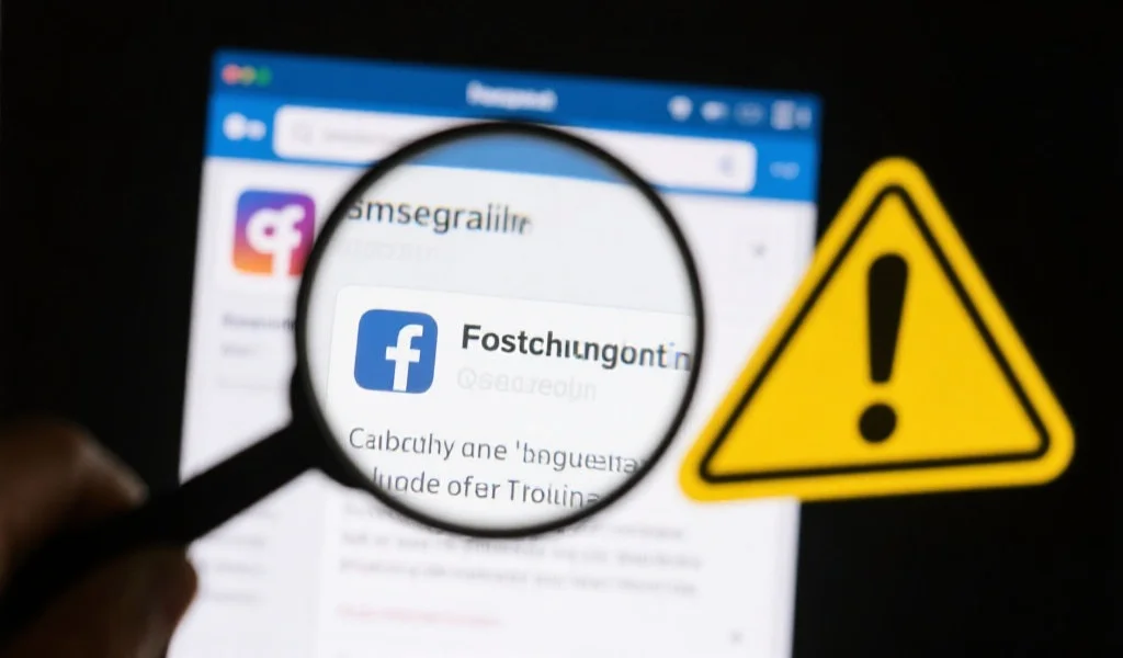 一个放大镜聚焦在社交媒体界面上的可疑信息，旁边有警示标志