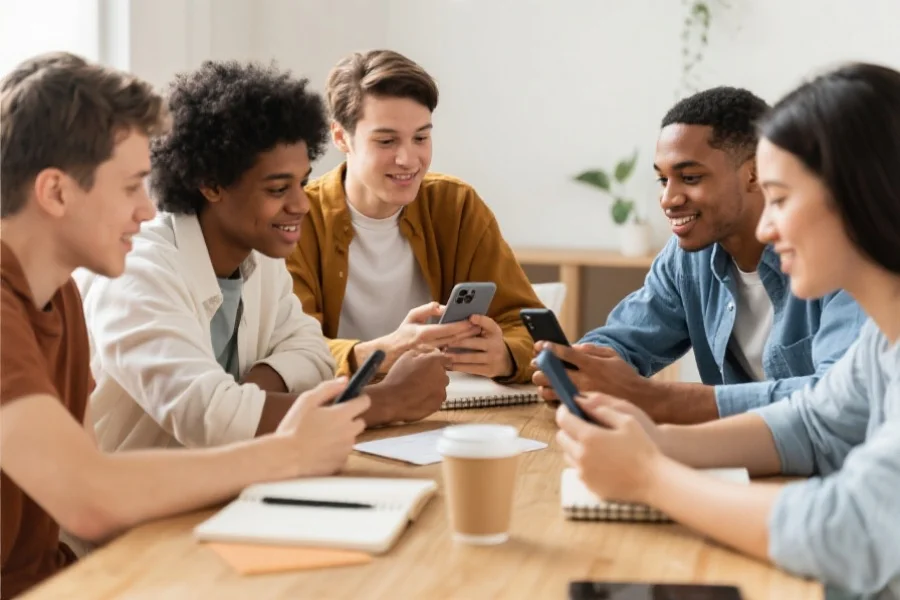 一群多元化年轻人在用手机积极讨论，桌上有笔记本和咖啡，象征社区互动和信息交流氛围